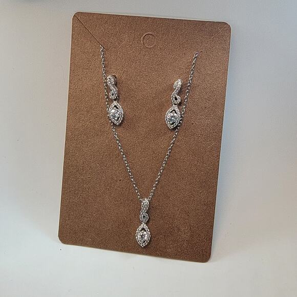 Vintage Sterling Silver CZ Necklace and Earring Set with Marquise Drop Design - Picture 2 of 10
